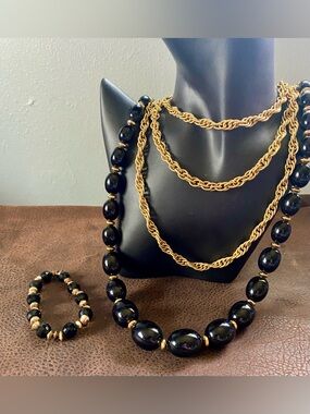Vintage Napier Long Black Bead and Gold Chunky Leather Chain Necklace Set